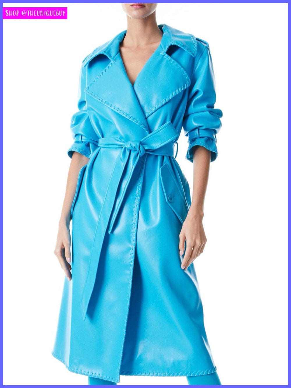 Alice + Olivia Nevada Vegan Leather Blue Midi Long Trench Coat Jacket